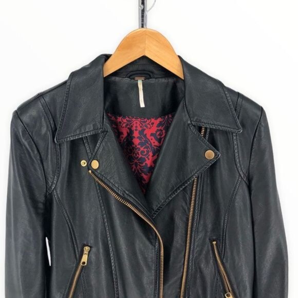 Free People Faux Leather Moto Jacket Zip Up Black - Picture 5 of 15